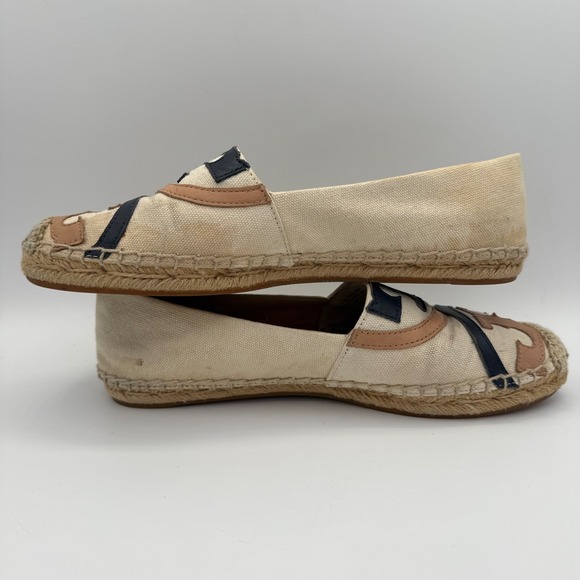 Tory Burch Espadrille Flats Canvas Beige Navy Tan Logo Size 7M - Picture 3 of 9